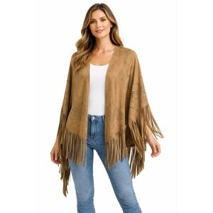 Curations Caravan Tan Faux Suede Studded Laser Cut Fringe Shawl Wrap One Size
